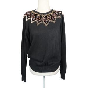 Vintage 80s Lindsey Blake Black Beaded Jewel Pullover Sweater M